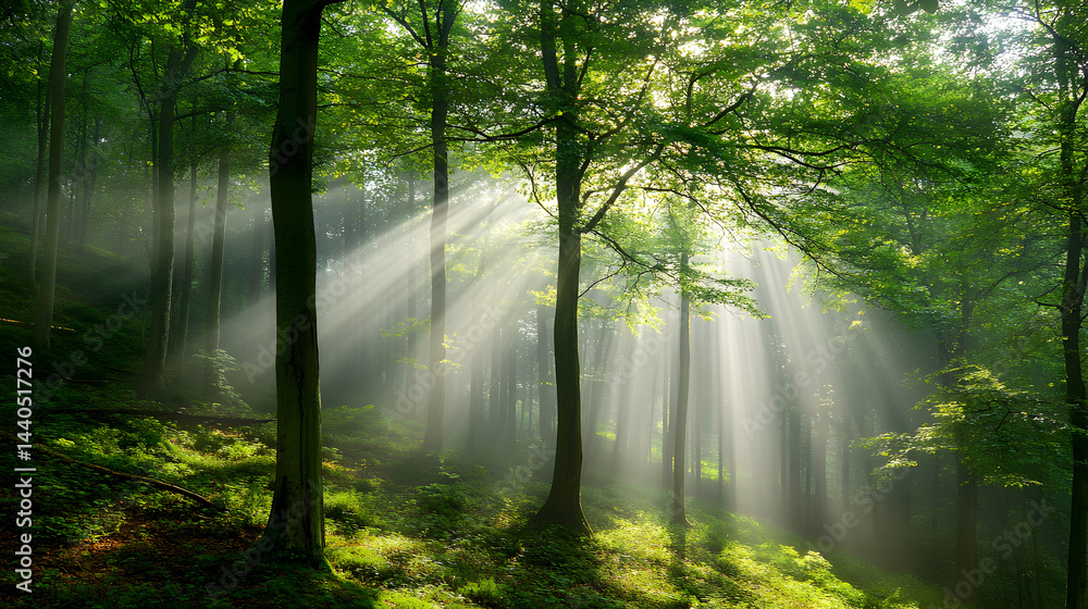 Obraz premium Misty morning sunlight rays through green forest trees create a magical woodland landscape