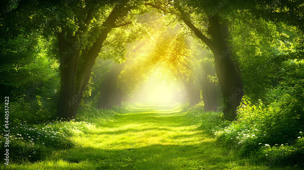 Obraz premium Sunlight rays pierce through the green forest trees, illuminating the misty morning landscape