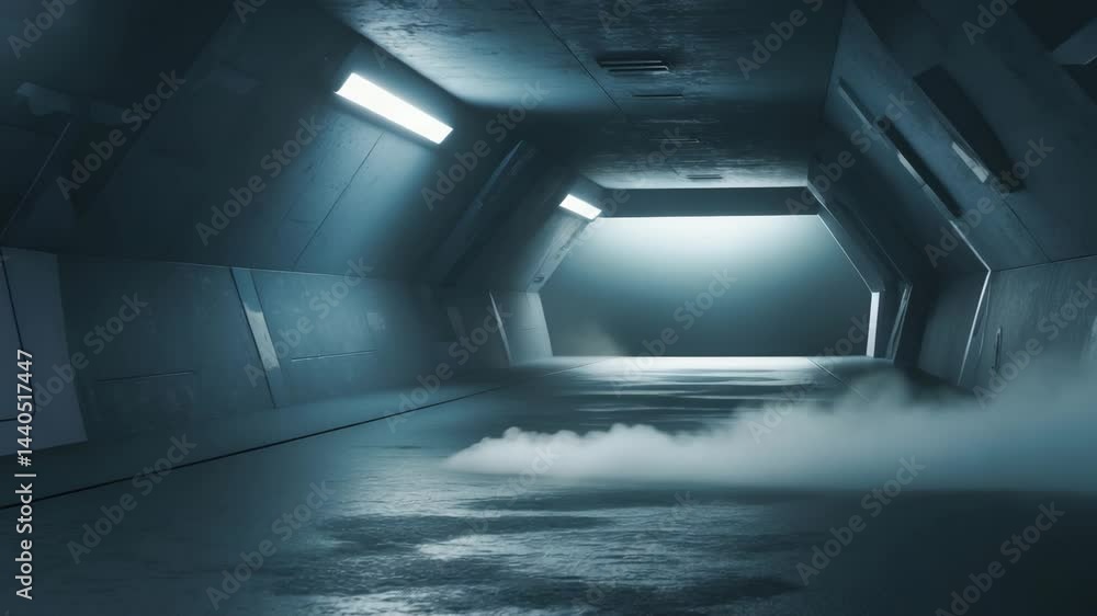 Empty studio room in a sci-fi setting with a black room, open door, illuminated floor, smoke, and modern architectural elements Empty studio room in a sci-fi setting with a black room, open door, illuminated floor, smoke, and modern architectural elements