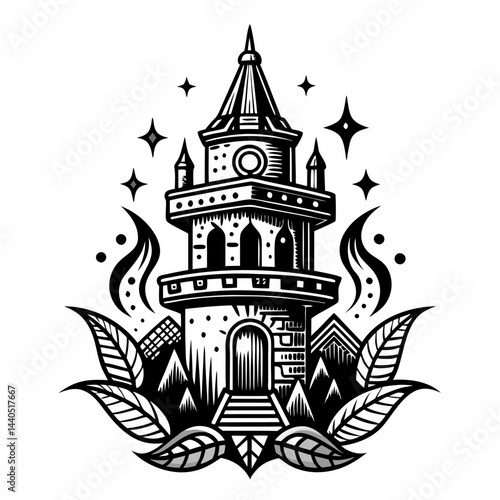 Mystical Tower Illustration Enchanted Castle with Leaves and Stars