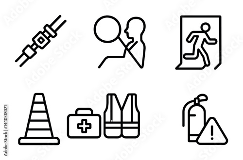 Safety and prevention icon set – outline style for hazard awareness and workplace safety: seatbelt, airbag, emergency exit, cone, first aid kit, vest, fire extinguisher