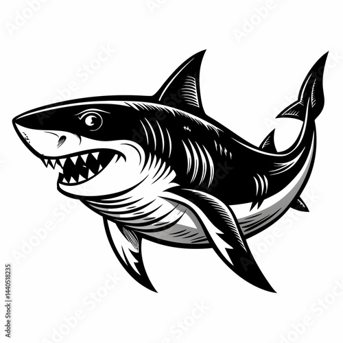 Dynamic Black and White Shark Illustration Fierce Ocean Predator  Art