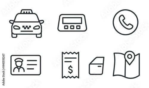 Taxi service outline icons set – line style transport, fare calculation, and navigation symbols for urban commute: taxi, meter, phone, driver id, receipt, card reader, map.