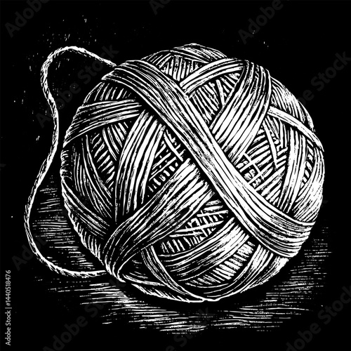 Intricate Vintage Yarn Ball Illustration with Textured Detailing in Black and White