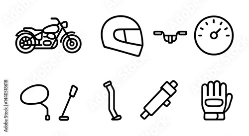 Motorcycle gear and accessories icon set – outline style for biking essentials: helmet, speedometer, handlebars, exhaust, gloves, mirror, kickstand, muffler.