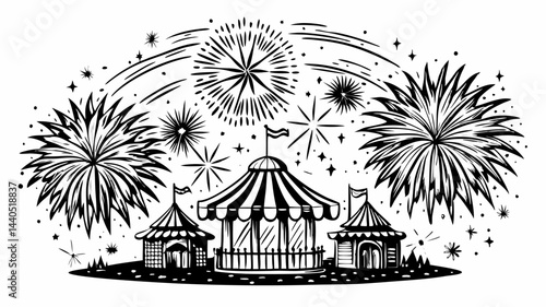 Festive Circus Tent with Fireworks and Stars in Vintage Style Illustration