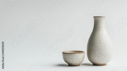 Rustic speckled ceramic sake carafe and cup set on light background with handmade finish