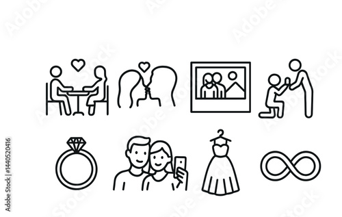 Romantic love outline icon set – linear style symbols for dating, relationships, and weddings: couple dining, kissing, proposal, engagement ring, selfie, dress, infinity