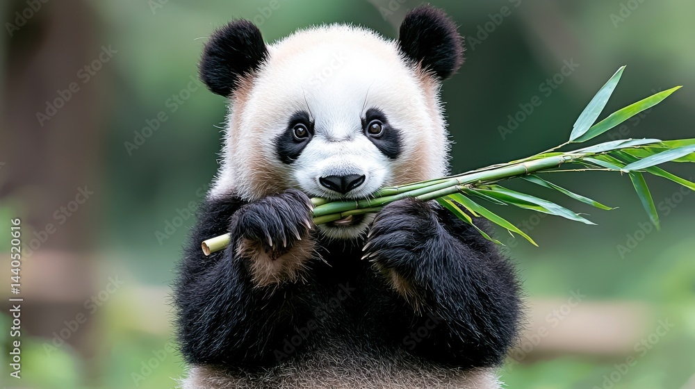 Obraz premium Adorable Panda Cub Eating Bamboo
