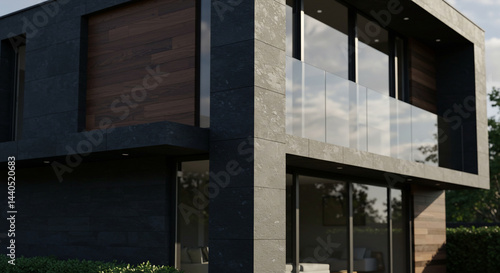 Wallpaper Mural Modern luxury house exterior with dark stone facade, wooden accents, and glass balcony, contemporary architecture. Torontodigital.ca