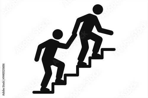 A simple black and white graphic Vector Silhouette of two stylized figures climbing stairs./Two figures climbing stairs, one helping the other.