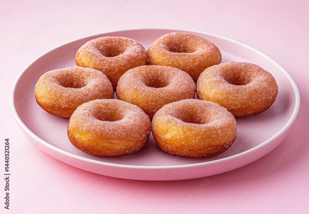 Freshly Made Sugar-Coated Donuts on a Plate Against a Soft Pink Background Perfect for Dessert and Bakery Themed Designs and Culinary Photography Freshly Made Sugar-Coated Donuts on a Plate Against a Soft Pink Background Perfect for Dessert and Bakery Themed Designs and Culinary Photography