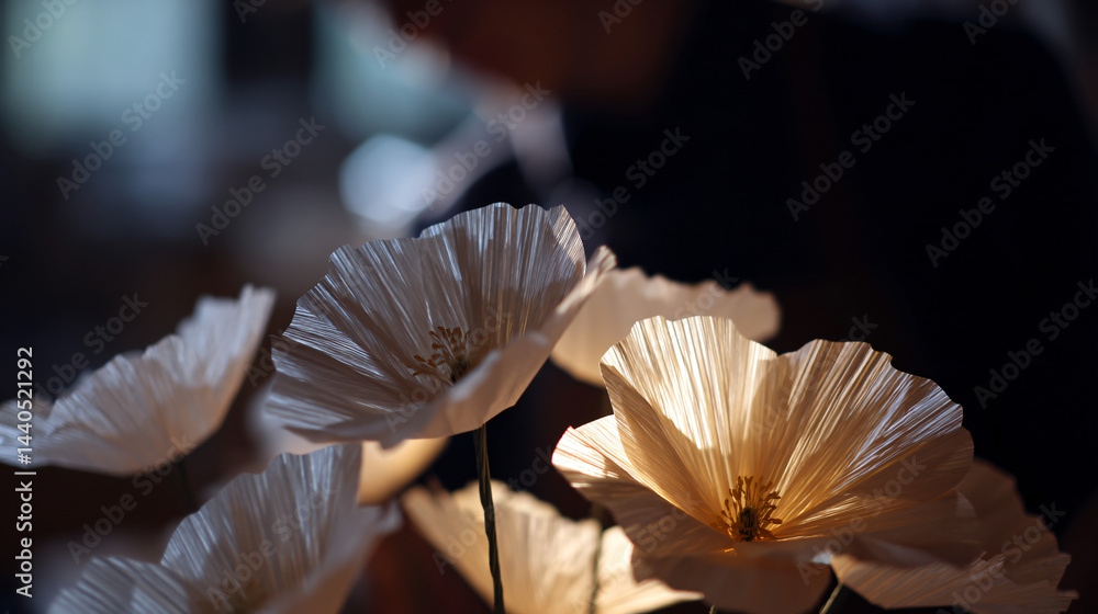 Close-up of handcrafted paper flowers in a design studio. Close-up of handcrafted paper flowers in a design studio.