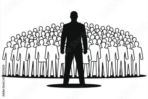 A powerful Vector of a single, silhouetted figure in business attire standing amidst a large crowd of simple, outlined figures..