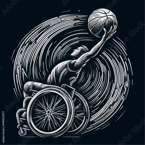 Wheelchair basketball player performing a slam dunk with dynamic motion on a black background
