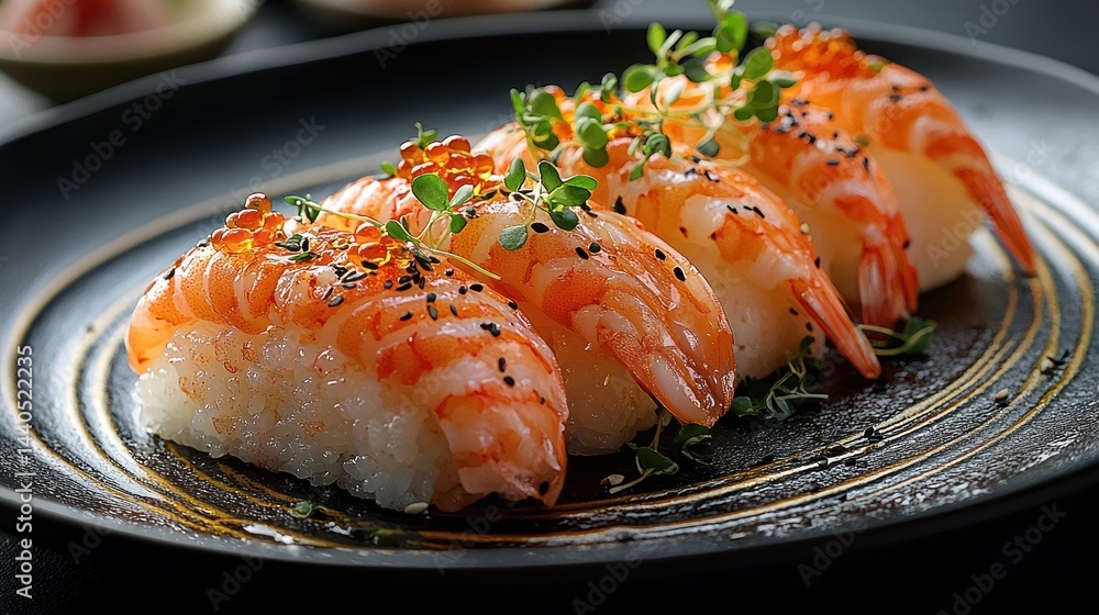 Close-up of shrimp nigiri sushi pieces arranged on a black plate. Close-up of shrimp nigiri sushi pieces arranged on a black plate.