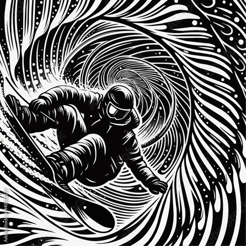 Snowboarder executing a trick in a swirling pattern on a black and white background

