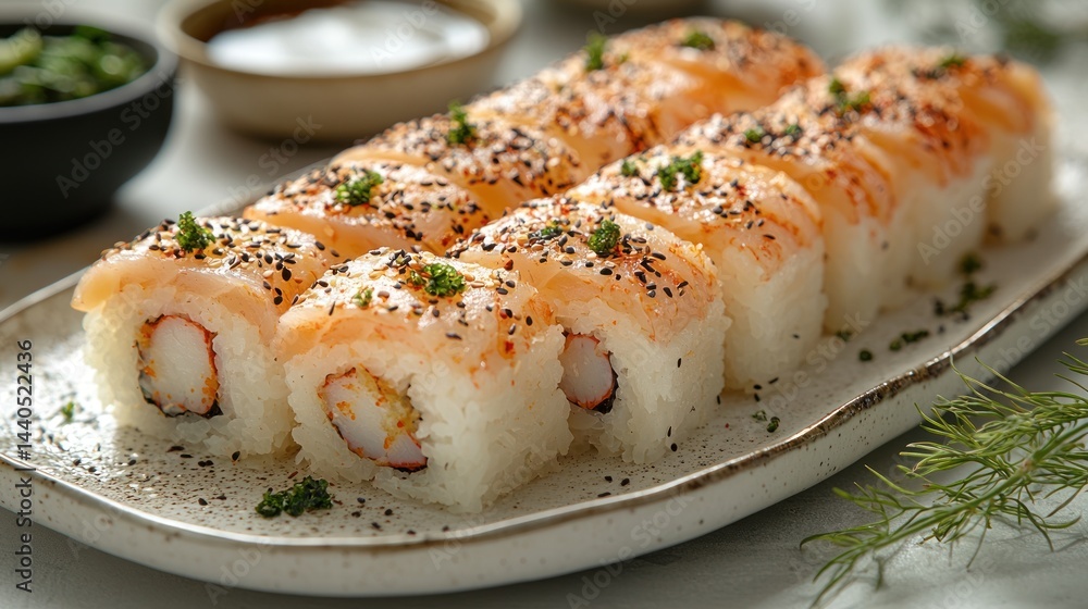Sushi rolls with salmon and crab on a plate with garnish. Sushi rolls with salmon and crab on a plate with garnish.