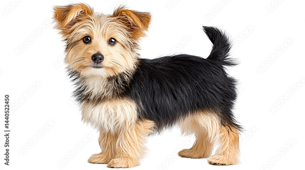 design element shows cute Yorkie mix puppy isolated on plain white.