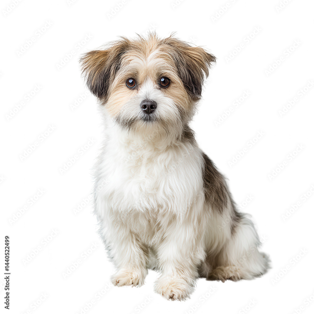 A fluffy brown and white dog sits patiently on a plain background rebg 28.