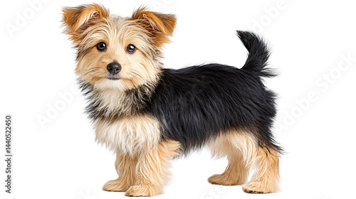 design element shows cute Yorkie mix puppy isolated on plain white.