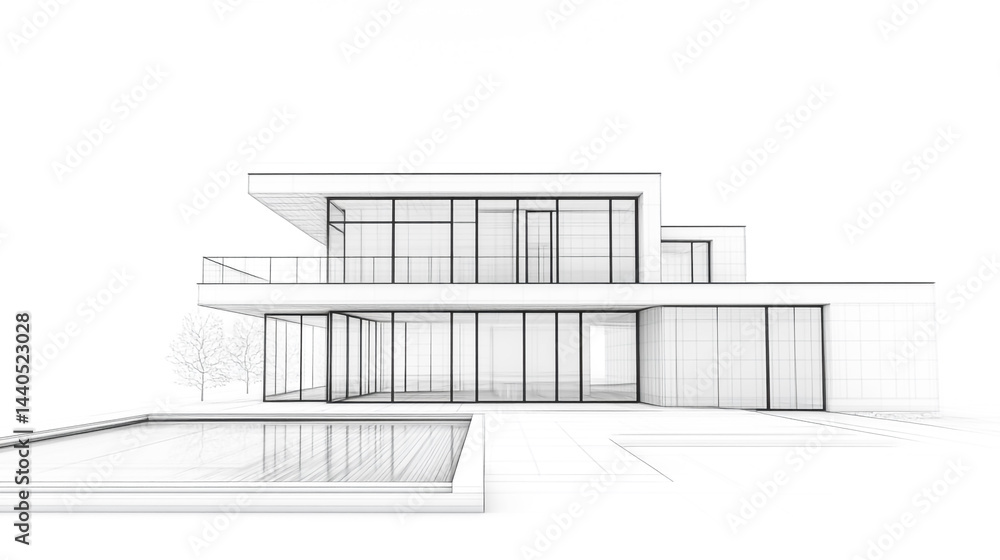 3D architectural wireframe of a modern building, clean sketch-style design, vector illustration, professional and minimal aesthetic, white background 3D architectural wireframe of a modern building, clean sketch-style design, vector illustration, professional and minimal aesthetic, white background