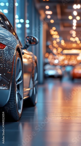 Luxury sports car displayed in a modern showroom with dramatic lighting effects