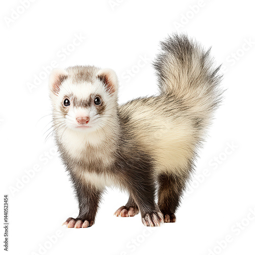 Obraz na płótnie A cute ferret with white and brown fur stands alert against a white background w salonie