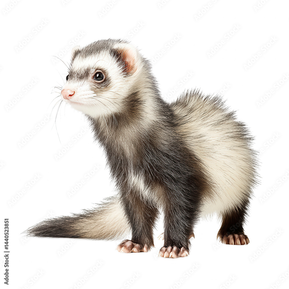 Adorable ferret with striking black and white markings poses on white background.