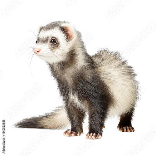 Obraz na płótnie Adorable ferret with striking black and white markings poses on white background. w salonie