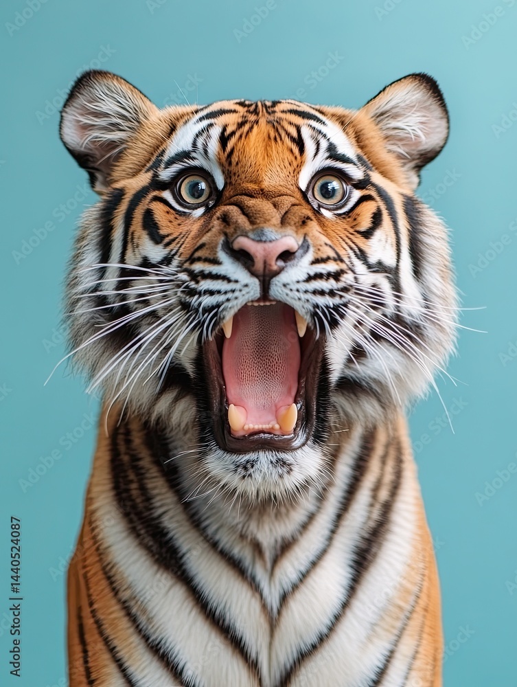 Fototapeta premium tiger surprised, scared with open mouth on plain colored background. shock. strong emotions. wide open eyes. unusual light.