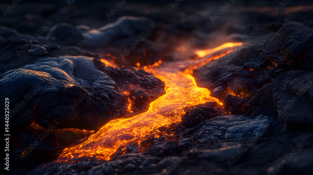 Lava cascading over rocks in a fiery volcanic river flowing down the mountain slope. Lava cascading over rocks in a fiery volcanic river flowing down the mountain slope.