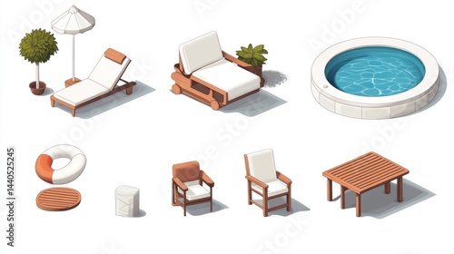 Isometric illustration of outdoor furniture, including lounge chairs, a daybed, a hot tub, a table, and other accessories.