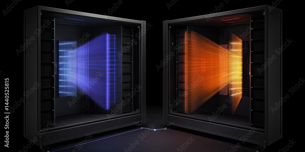 Two dark gray server units showcasing internal energy beams, one blue, one orange Two dark gray server units showcasing internal energy beams, one blue, one orange