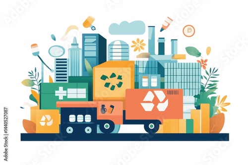 Recycling truck collecting waste in a city with various recyclable materials.