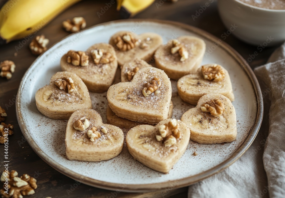 Heart-shaped cookies with walnuts on a plate, surrounded by fresh bananas and a cozy kitchen setting, perfect for baking enthusiasts and food lovers