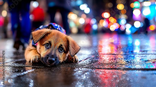 Fototapeta Naklejka Na Ścianę i Meble -  Puppy Resting on Wet Pavement with Bokeh Lights at Night