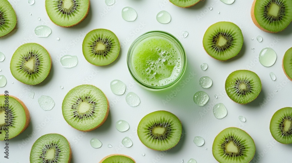 Fototapeta premium Fresh Kiwi Slices and Juice Flat Lay Photography