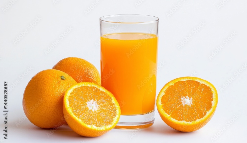 Fresh Orange Juice and Oranges on White Background Fresh Orange Juice and Oranges on White Background