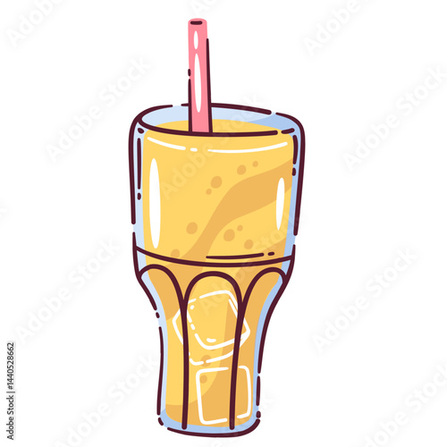 Cartoon yellow soft drink in a tall glass with a pink straw and ice cubes in doodle style. Refreshing summer beverage, bright and cheerful design for party, menu, or kids themes. Vector illustration