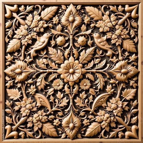Intricate Wooden Carving  Floral Panel  Ornate Design  Craftsmanship   Relief Art   Nature