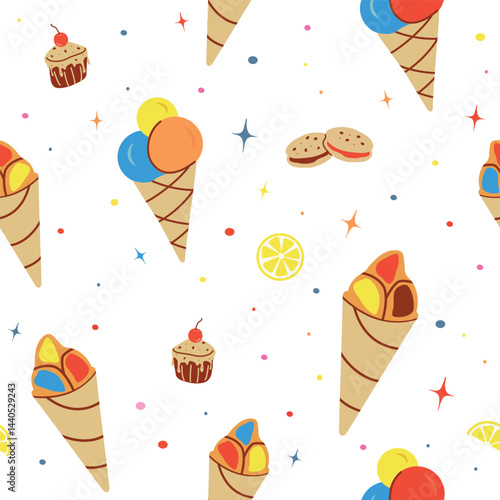 Seamless pattern with ice cream, star. flat children's background with dessert, food. graphics for print, holiday, wallpaper, banner, surface textures, fabric. vector art illustration