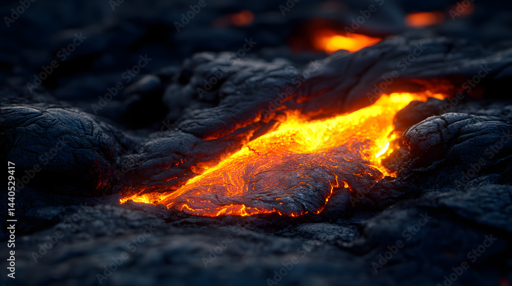 Molten lava flowing over jagged rocks, creating a bright orange glow in the dark volcanic night. Molten lava flowing over jagged rocks, creating a bright orange glow in the dark volcanic night.