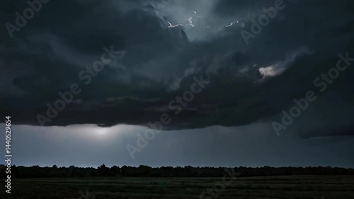 Dark storm clouds over landscape, foreboding and intense, representing severe weather approaching a flat terrain.
