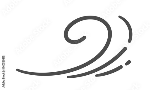 Swirl wind with curved line and dynamic arc, cartoon doodle style. Breeze, gust, airflow, draft, current, zephyr, wind swirl, vortex symbol, air stroke, breeze icon. Vector illustration.