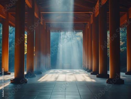 Peaceful, sunlit temple hall