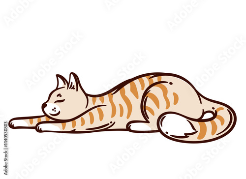 Stretching tabby cat with beige fur and orange stripes, lying and reaching forward with closed eyes. Cute cartoon doodle style. Playful animal for kids design, cards, or stickers. Vector illustration.
