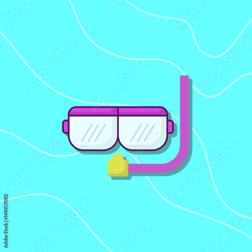 Purple diving goggles, snorkeling in tropical sea, beach vacation, cool vector illustration