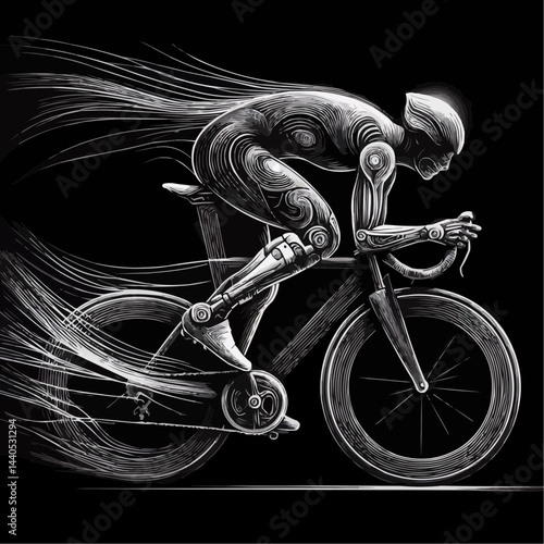 Cyclist in motion with a futuristic design cycling swiftly on a black background
