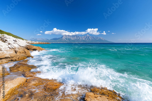 Wallpaper Mural Scenic Coastal Landscape with Turquoise Water Crashing Against Rocky Shore Under Blue Sky Torontodigital.ca
